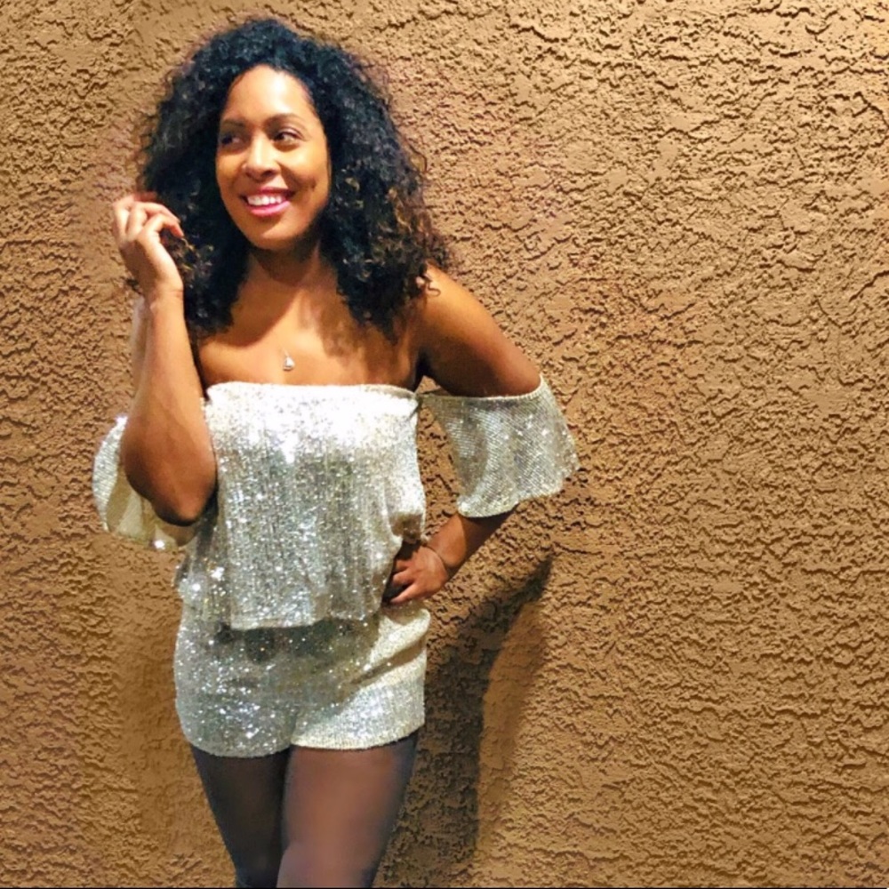 SHINE BRIGHT SEQUIN OFF SHOULDER ROMPER